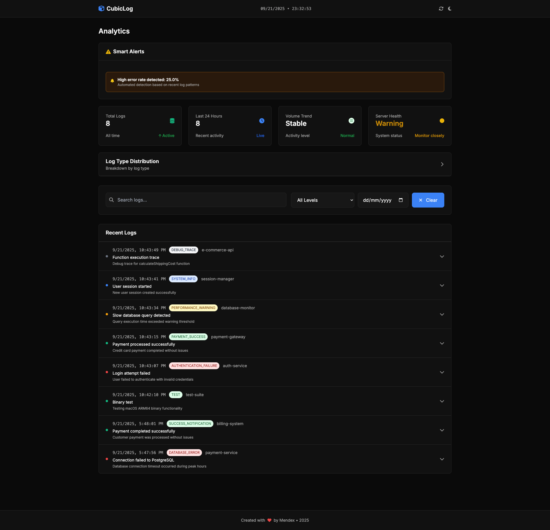CubicLog Dashboard Screenshot - Intelligent Analytics and Log Management